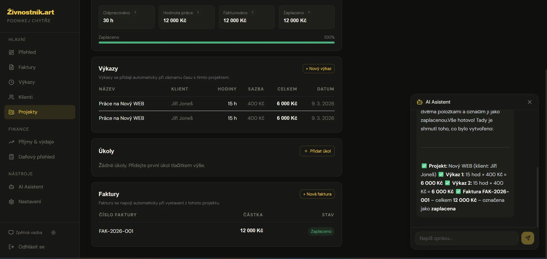 AI Agent. Výsledek: hotový projekt s výkazy, fakturou a zaplacením